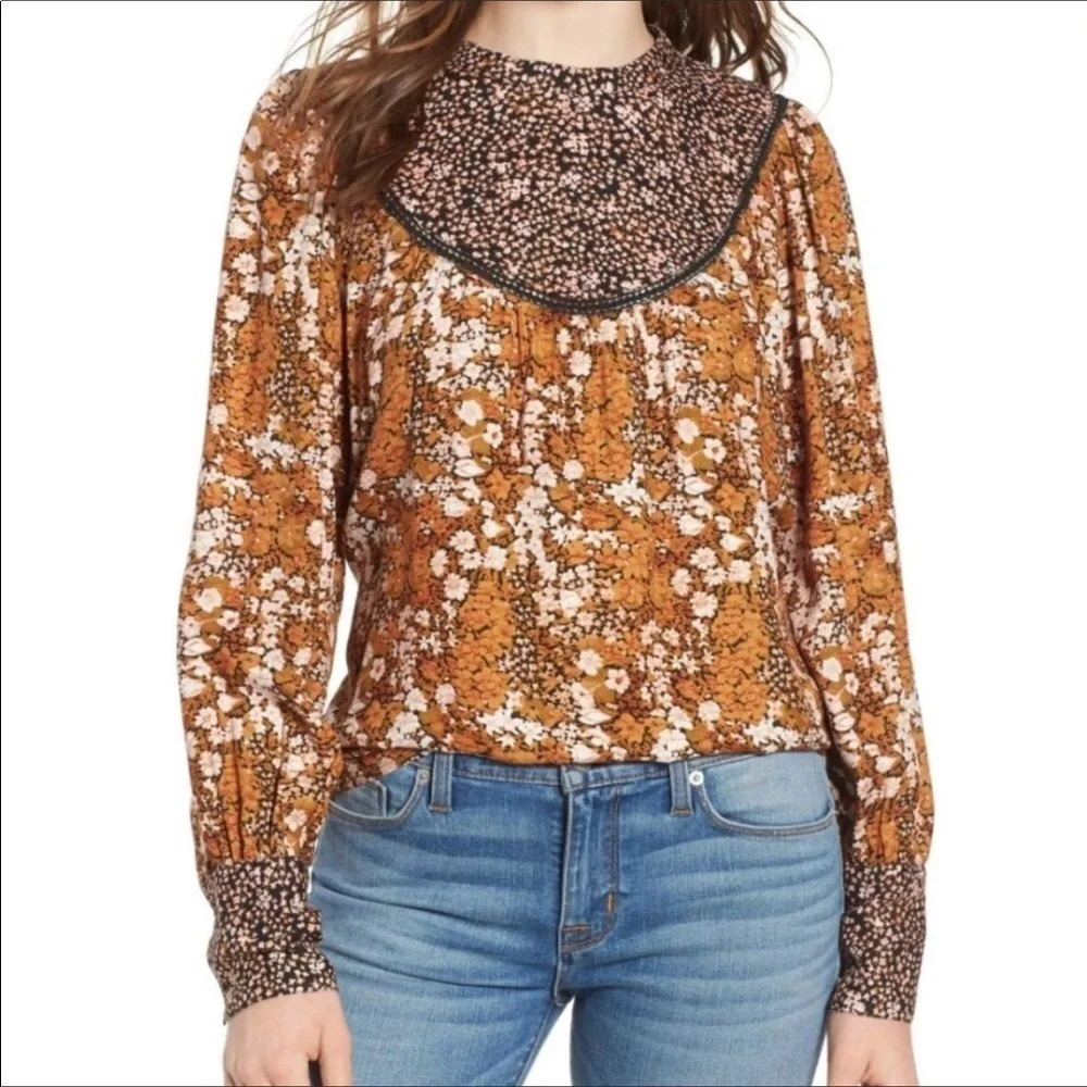 Hinge Nordstrom Boho Mixed Print Blouse Top Shirt v6x